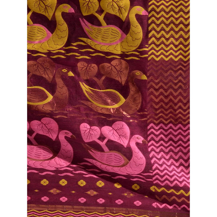 CHARUKRITI Magenta Handwoven Saree with Chevron Patterns & Bird Motifs