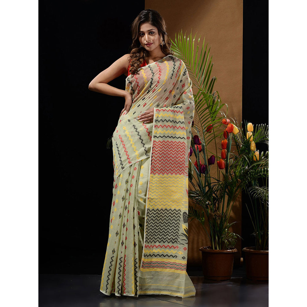 CHARUKRITI Pistachio Green Handwoven Saree with Chevron Patterns & Bird Motifs