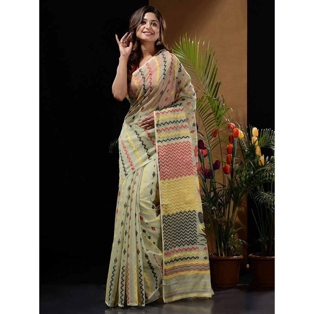 CHARUKRITI Pistachio Green Handwoven Saree with Chevron Patterns & Bird Motifs