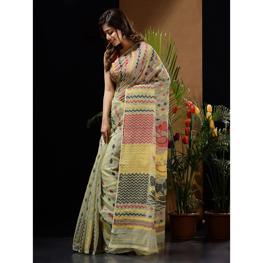 CHARUKRITI Pistachio Green Handwoven Saree with Chevron Patterns & Bird Motifs