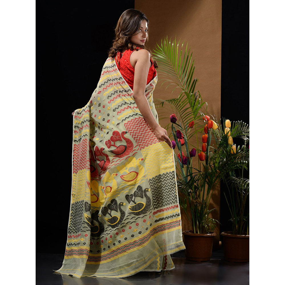 CHARUKRITI Pistachio Green Handwoven Saree with Chevron Patterns & Bird Motifs