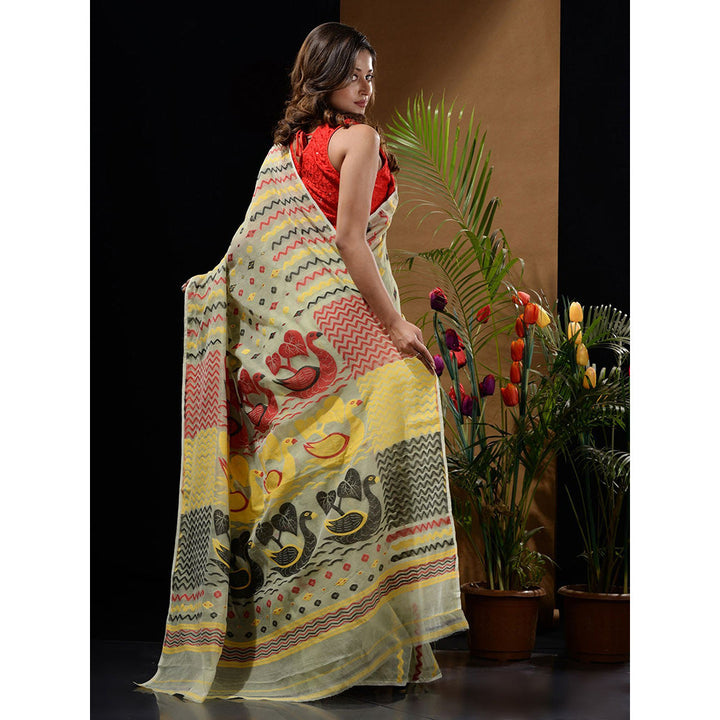 CHARUKRITI Pistachio Green Handwoven Saree with Chevron Patterns & Bird Motifs