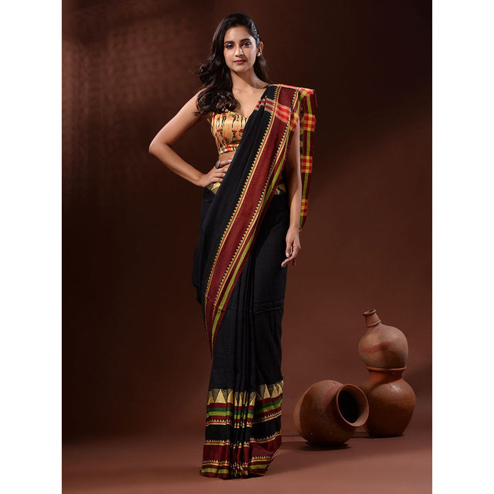 CHARUKRITI Black Cotton Handspun Handwoven Saree with Temple Borders with Unstitched Blouse