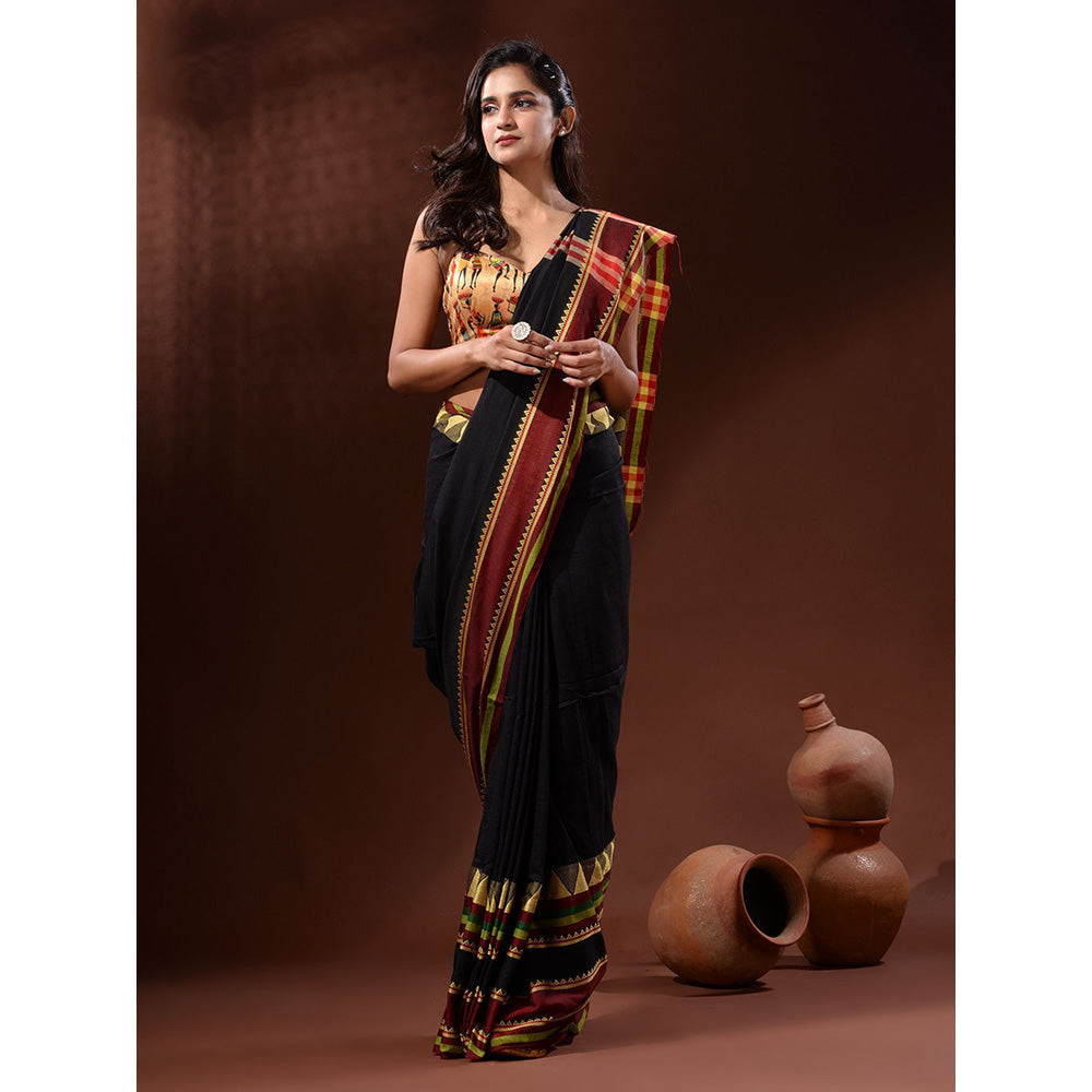 CHARUKRITI Black Cotton Handspun Handwoven Saree with Temple Borders with Unstitched Blouse