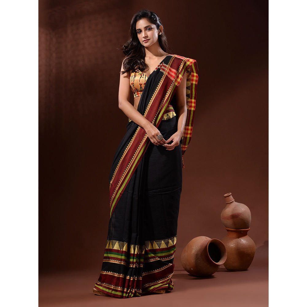 CHARUKRITI Black Cotton Handspun Handwoven Saree with Temple Borders with Unstitched Blouse