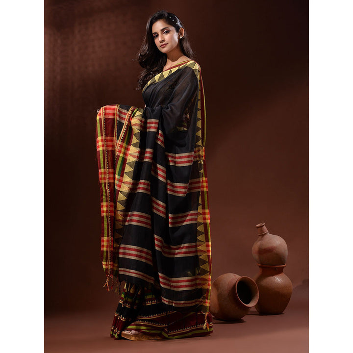 CHARUKRITI Black Cotton Handspun Handwoven Saree with Temple Borders with Unstitched Blouse