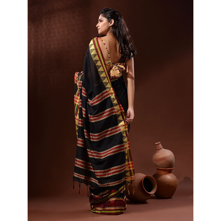 CHARUKRITI Black Cotton Handspun Handwoven Saree with Temple Borders with Unstitched Blouse