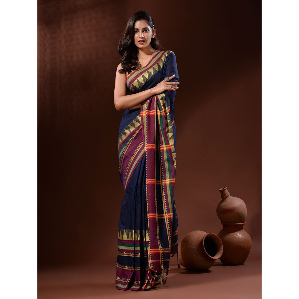 CHARUKRITI Navy Blue Cotton Handspun Handwoven Saree with Temple Borders with Unstitched Blouse