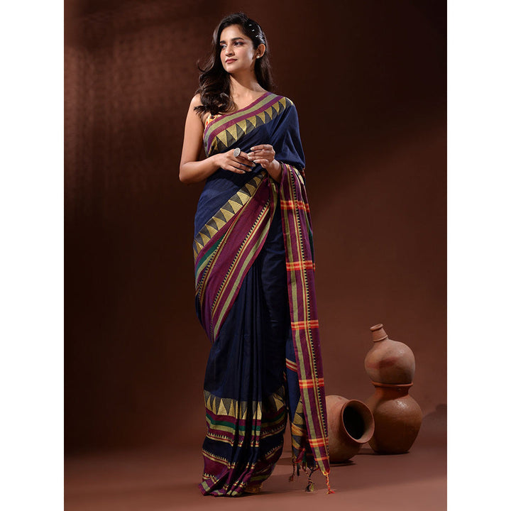 CHARUKRITI Navy Blue Cotton Handspun Handwoven Saree with Temple Borders with Unstitched Blouse