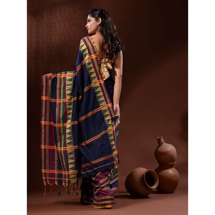 CHARUKRITI Navy Blue Cotton Handspun Handwoven Saree with Temple Borders with Unstitched Blouse