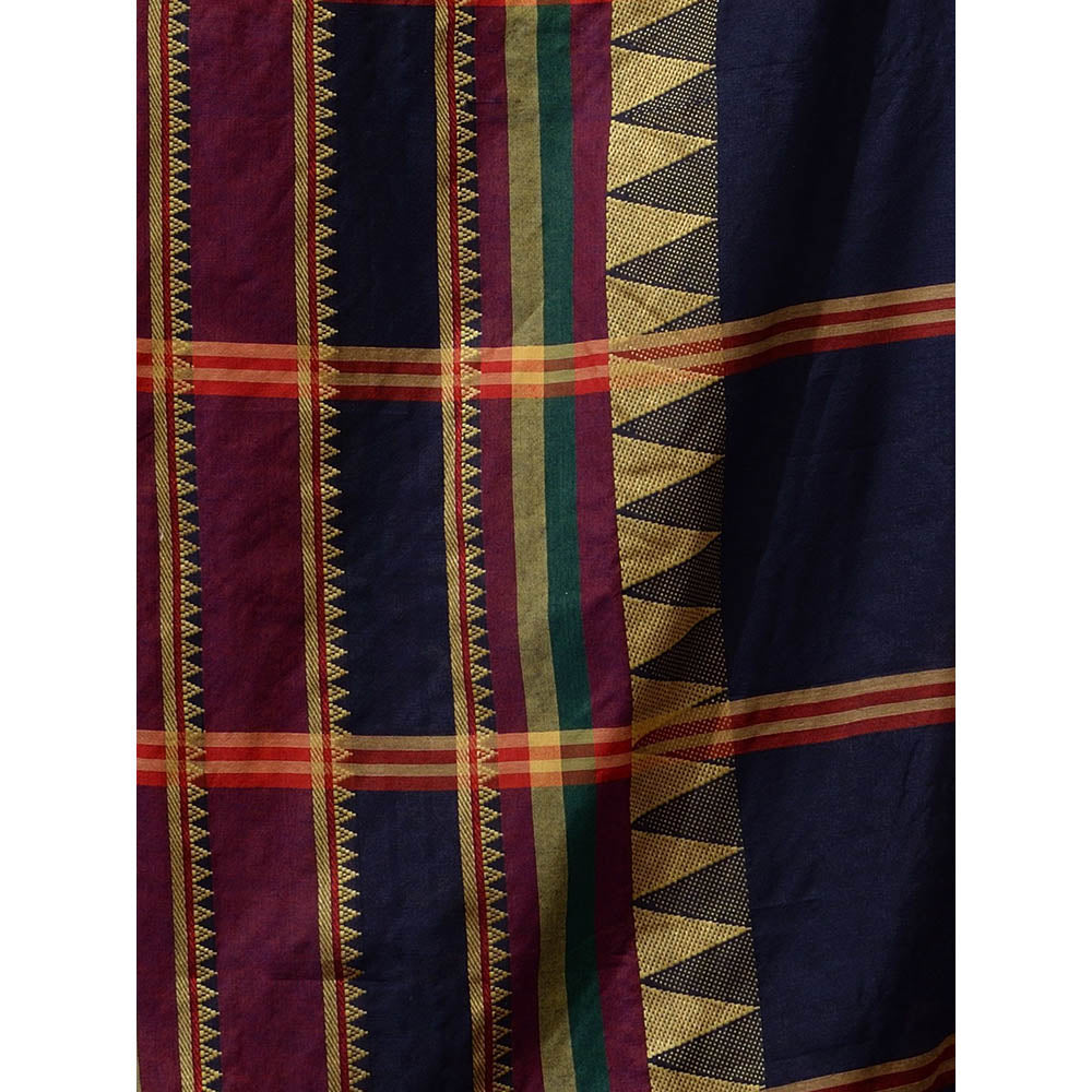 CHARUKRITI Navy Blue Cotton Handspun Handwoven Saree with Temple Borders with Unstitched Blouse