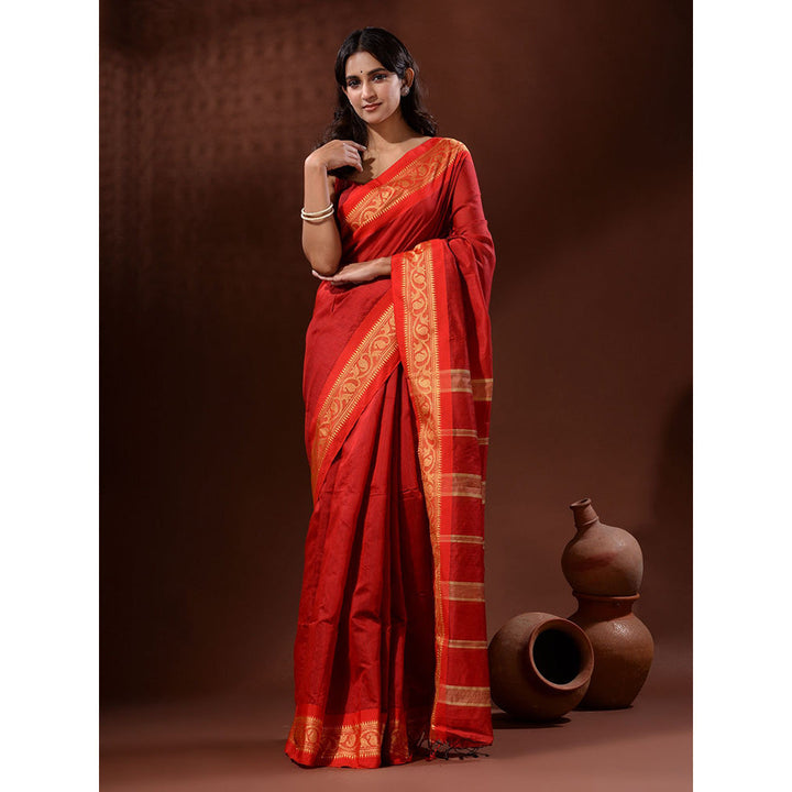 CHARUKRITI Red Cotton Silk Handwoven Saree with Nakshi Borders with Unstitched Blouse