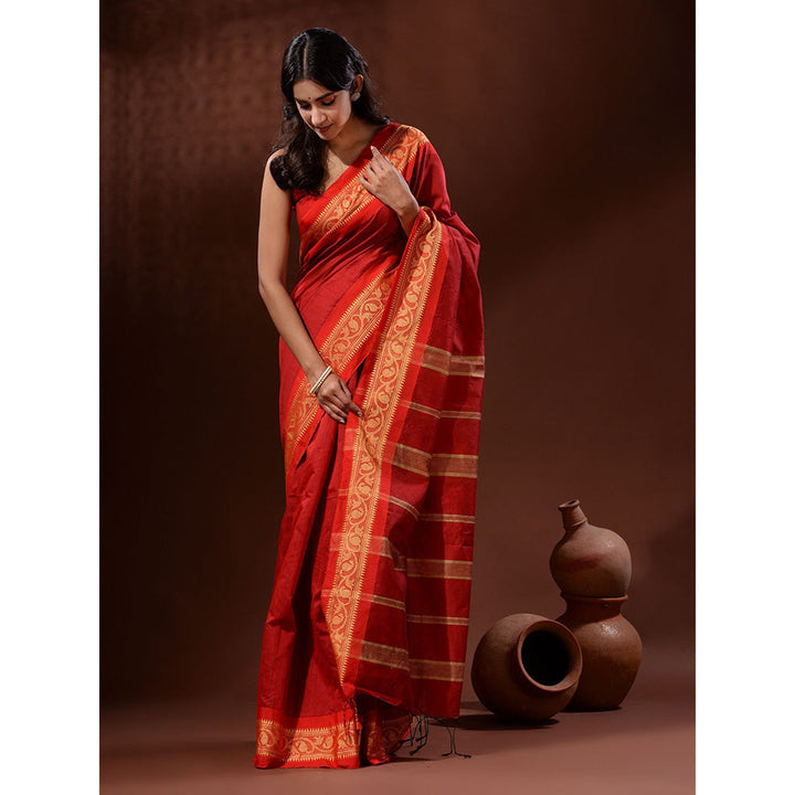 CHARUKRITI Red Cotton Silk Handwoven Saree with Nakshi Borders with Unstitched Blouse