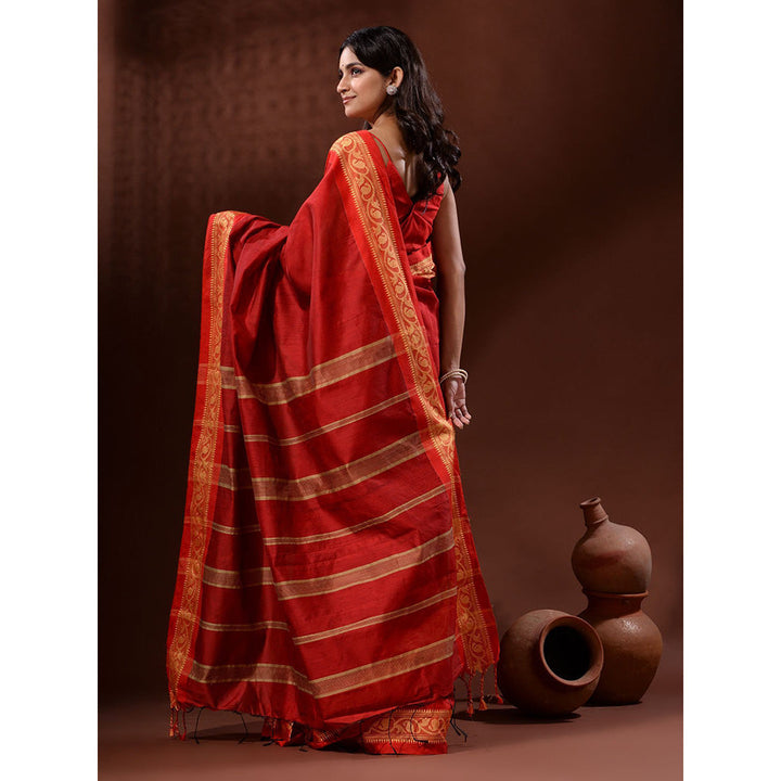 CHARUKRITI Red Cotton Silk Handwoven Saree with Nakshi Borders with Unstitched Blouse