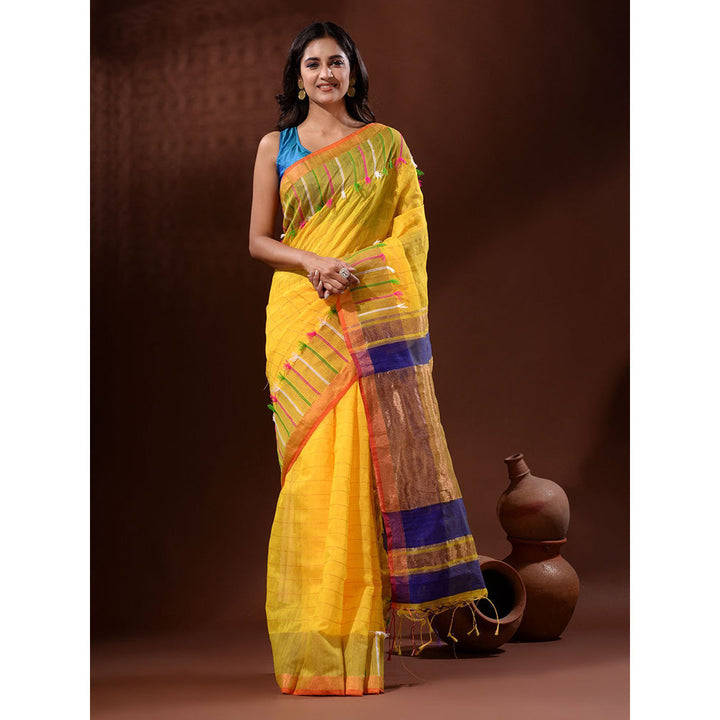 CHARUKRITI Yellow Cotton Silk Handwoven Saree with Check Designs with Unstitched Blouse