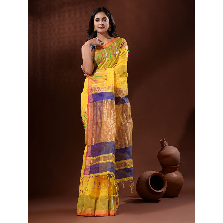 CHARUKRITI Yellow Cotton Silk Handwoven Saree with Check Designs with Unstitched Blouse