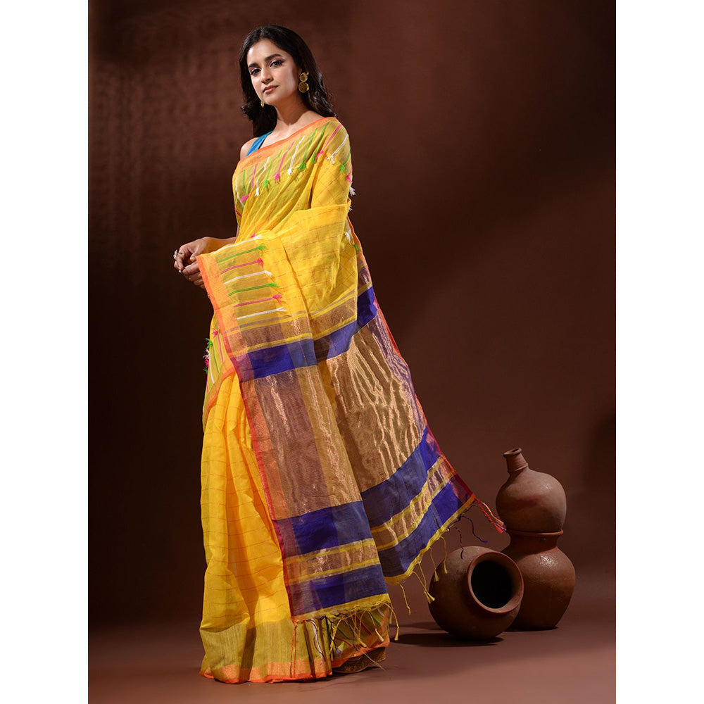 CHARUKRITI Yellow Cotton Silk Handwoven Saree with Check Designs with Unstitched Blouse