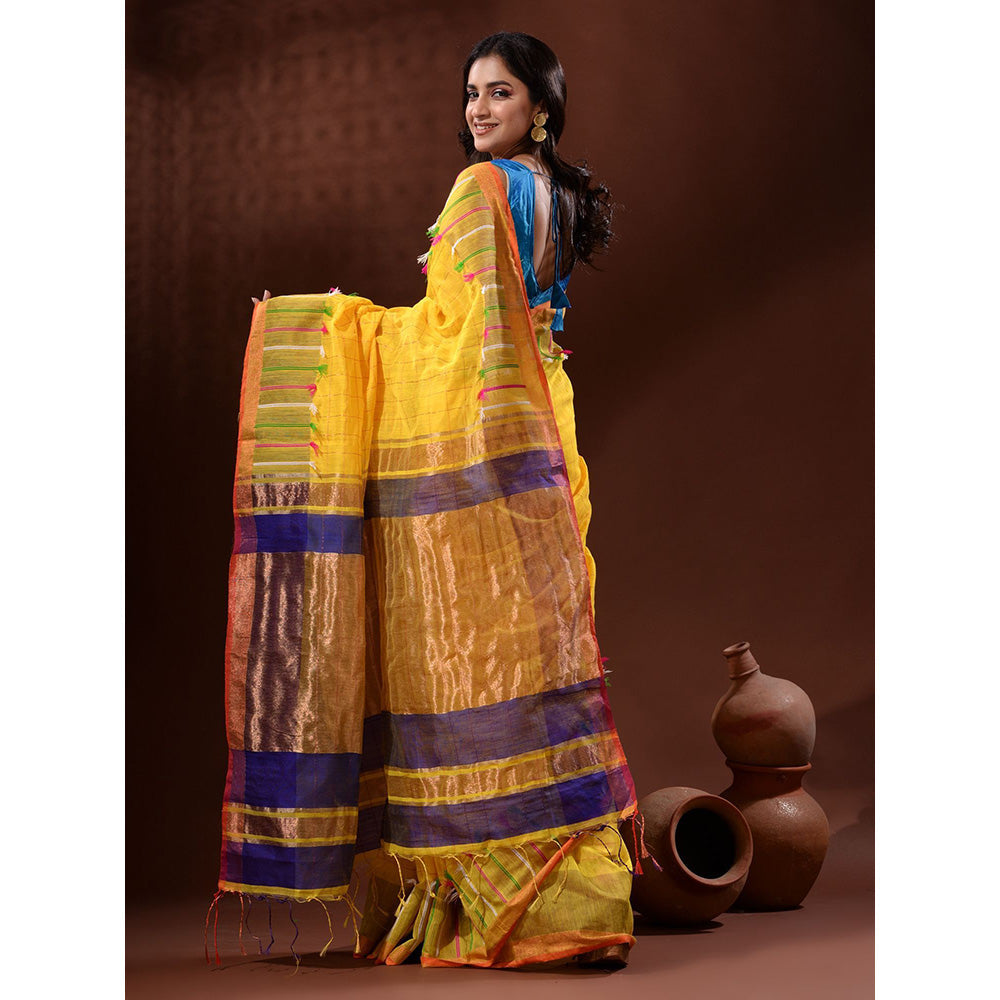 CHARUKRITI Yellow Cotton Silk Handwoven Saree with Check Designs with Unstitched Blouse