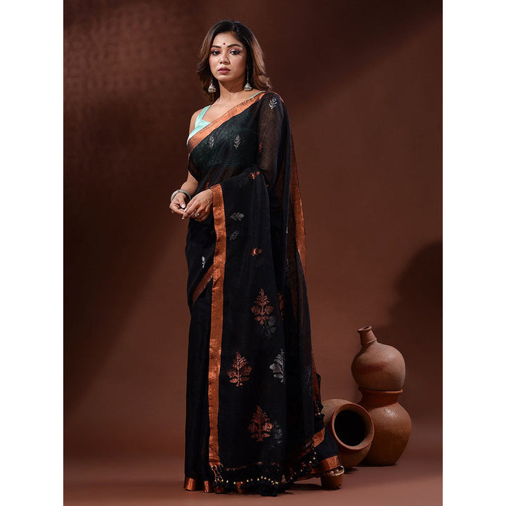 CHARUKRITI Black Linen Handwoven Saree with Nakshi Motifs with Unstitched Blouse