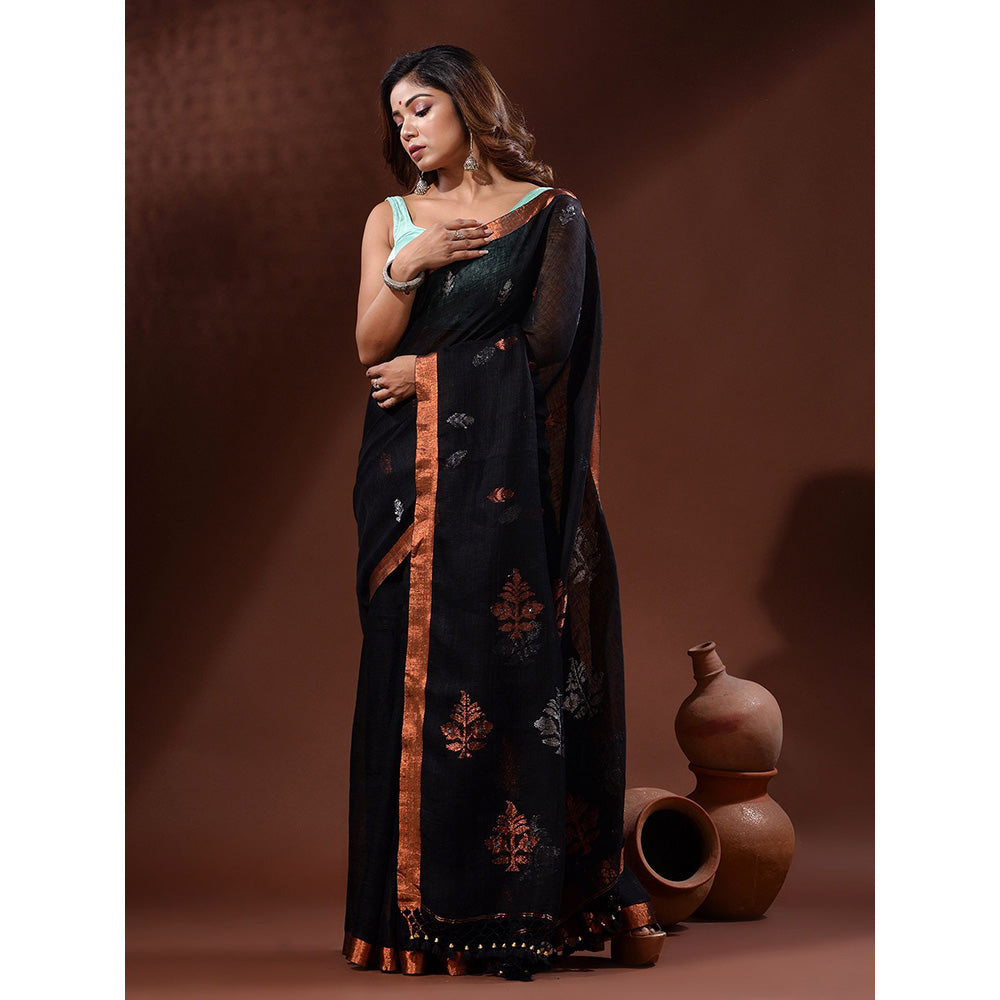 CHARUKRITI Black Linen Handwoven Saree with Nakshi Motifs with Unstitched Blouse