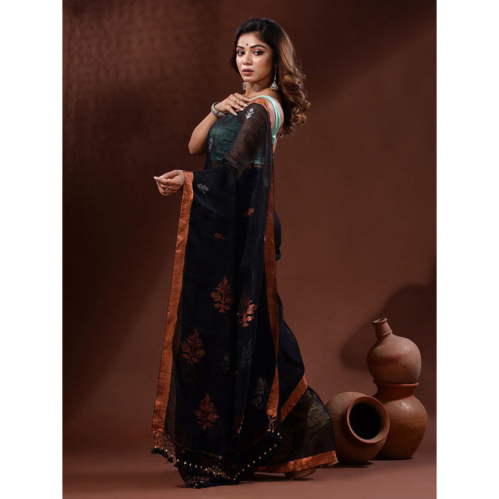 CHARUKRITI Black Linen Handwoven Saree with Nakshi Motifs with Unstitched Blouse