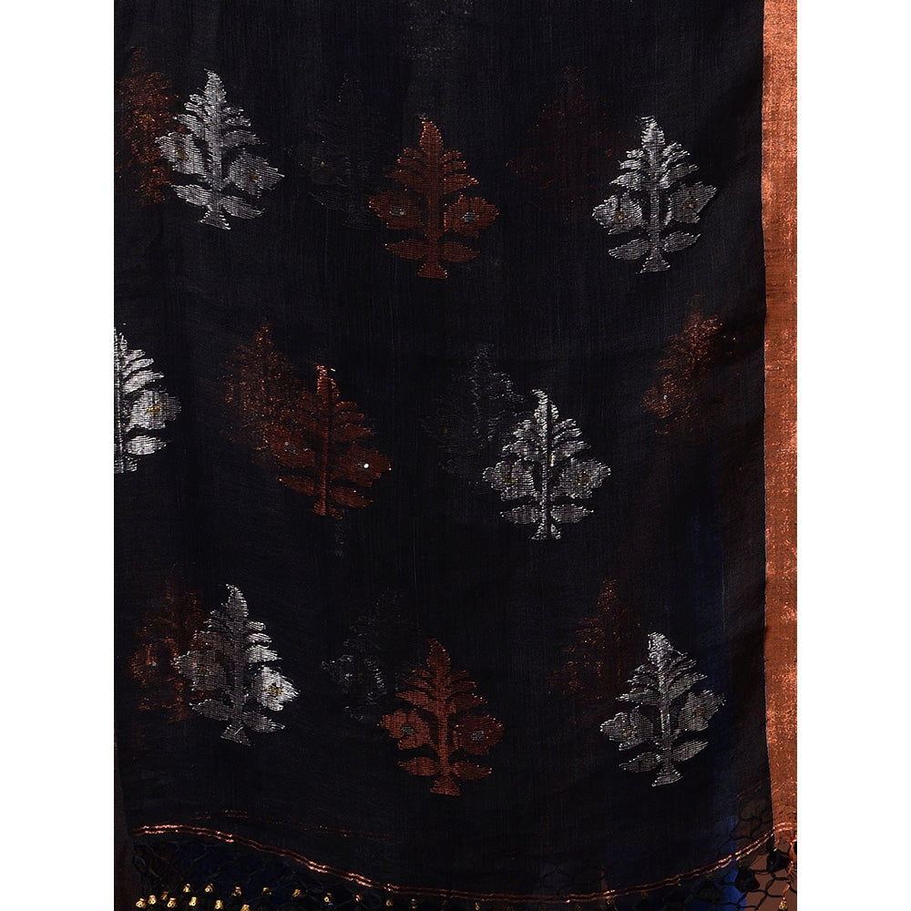 CHARUKRITI Black Linen Handwoven Saree with Nakshi Motifs with Unstitched Blouse