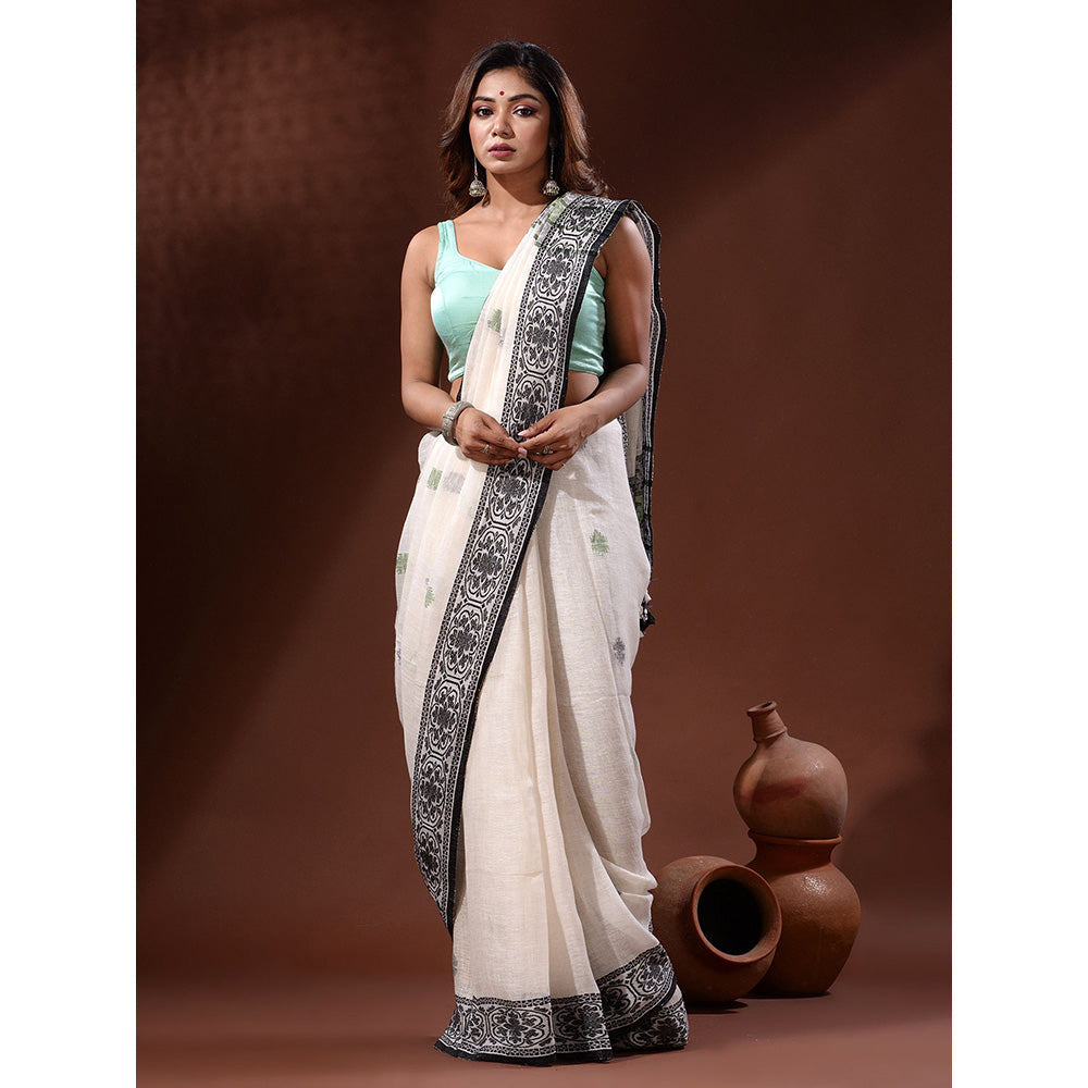 CHARUKRITI White Linen Handwoven Saree with Nakshi Border with Unstitched Blouse