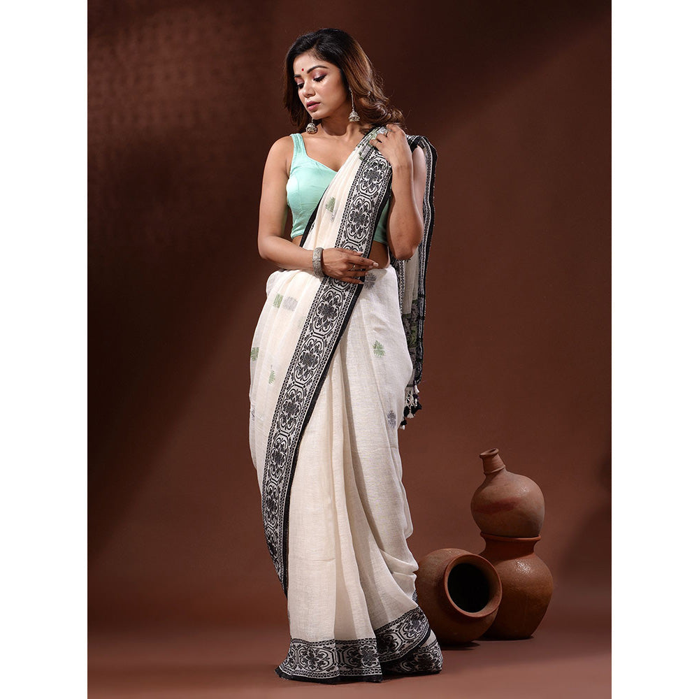 CHARUKRITI White Linen Handwoven Saree with Nakshi Border with Unstitched Blouse