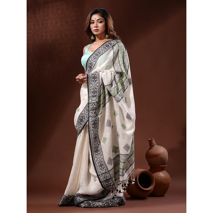 CHARUKRITI White Linen Handwoven Saree with Nakshi Border with Unstitched Blouse