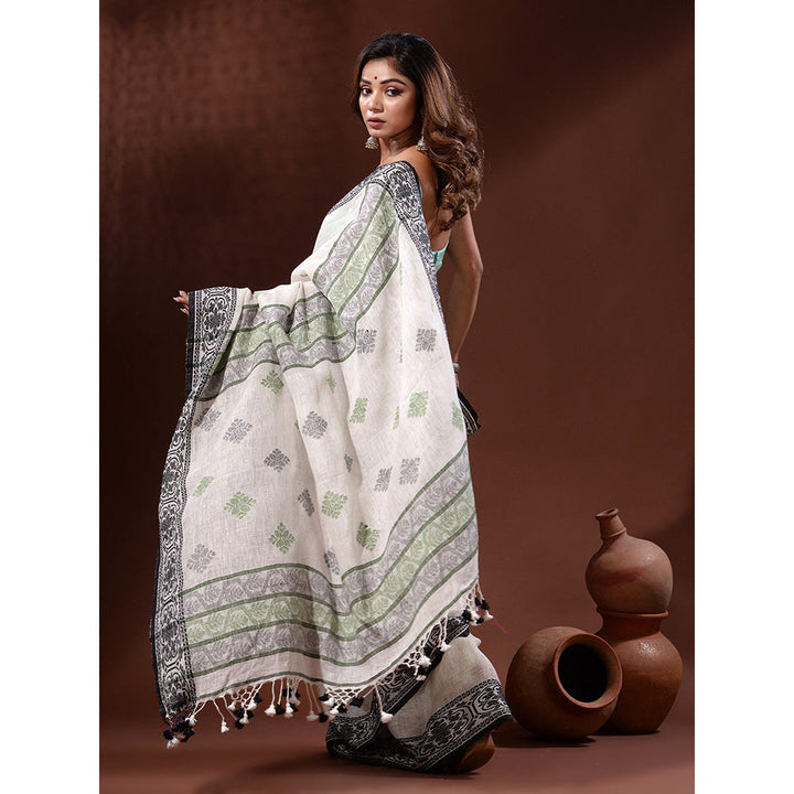 CHARUKRITI White Linen Handwoven Saree with Nakshi Border with Unstitched Blouse