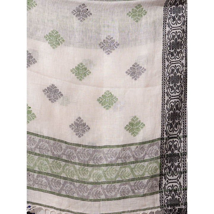 CHARUKRITI White Linen Handwoven Saree with Nakshi Border with Unstitched Blouse