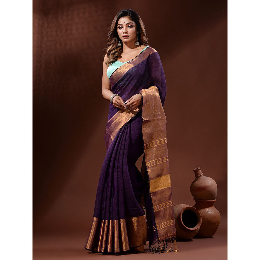 CHARUKRITI Violet Linen Handwoven Saree with Zari Borders with Unstitched Blouse