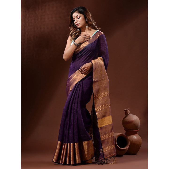 CHARUKRITI Violet Linen Handwoven Saree with Zari Borders with Unstitched Blouse