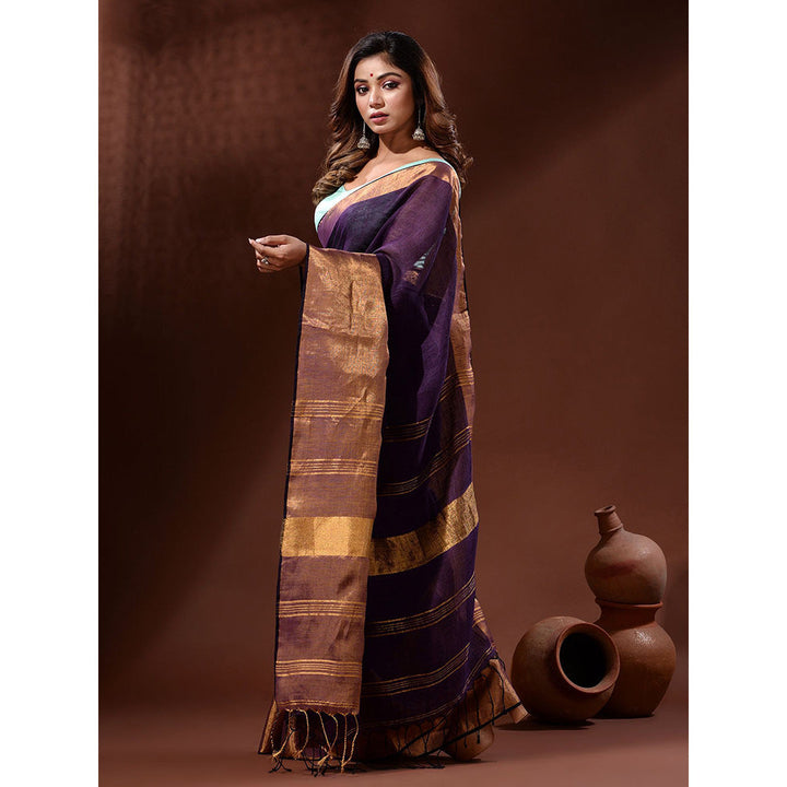 CHARUKRITI Violet Linen Handwoven Saree with Zari Borders with Unstitched Blouse