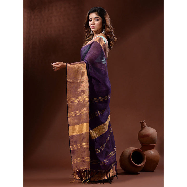 CHARUKRITI Violet Linen Handwoven Saree with Zari Borders with Unstitched Blouse