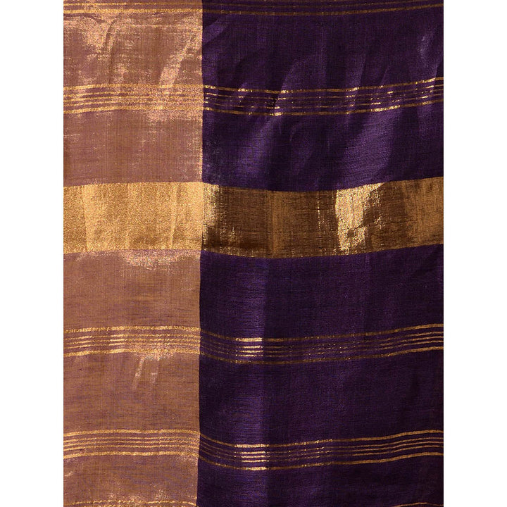 CHARUKRITI Violet Linen Handwoven Saree with Zari Borders with Unstitched Blouse