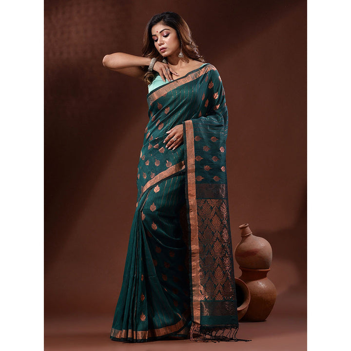 CHARUKRITI Teal Linen Handwoven Saree with Nakshi Pallu with Unstitched Blouse