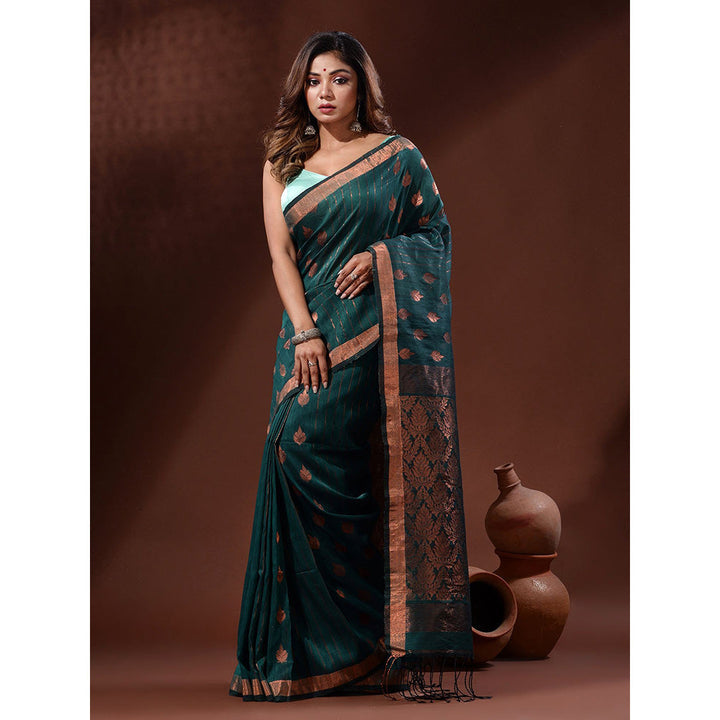 CHARUKRITI Teal Linen Handwoven Saree with Nakshi Pallu with Unstitched Blouse