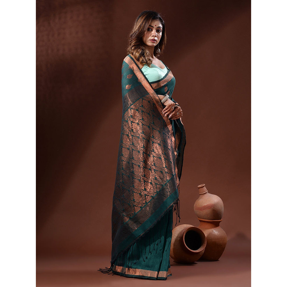 CHARUKRITI Teal Linen Handwoven Saree with Nakshi Pallu with Unstitched Blouse