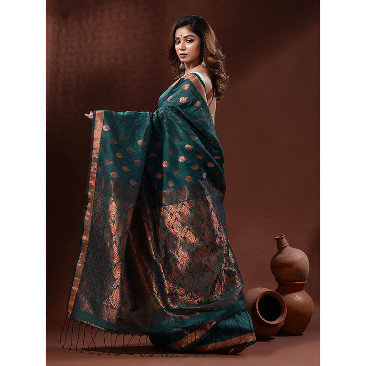 CHARUKRITI Teal Linen Handwoven Saree with Nakshi Pallu with Unstitched Blouse