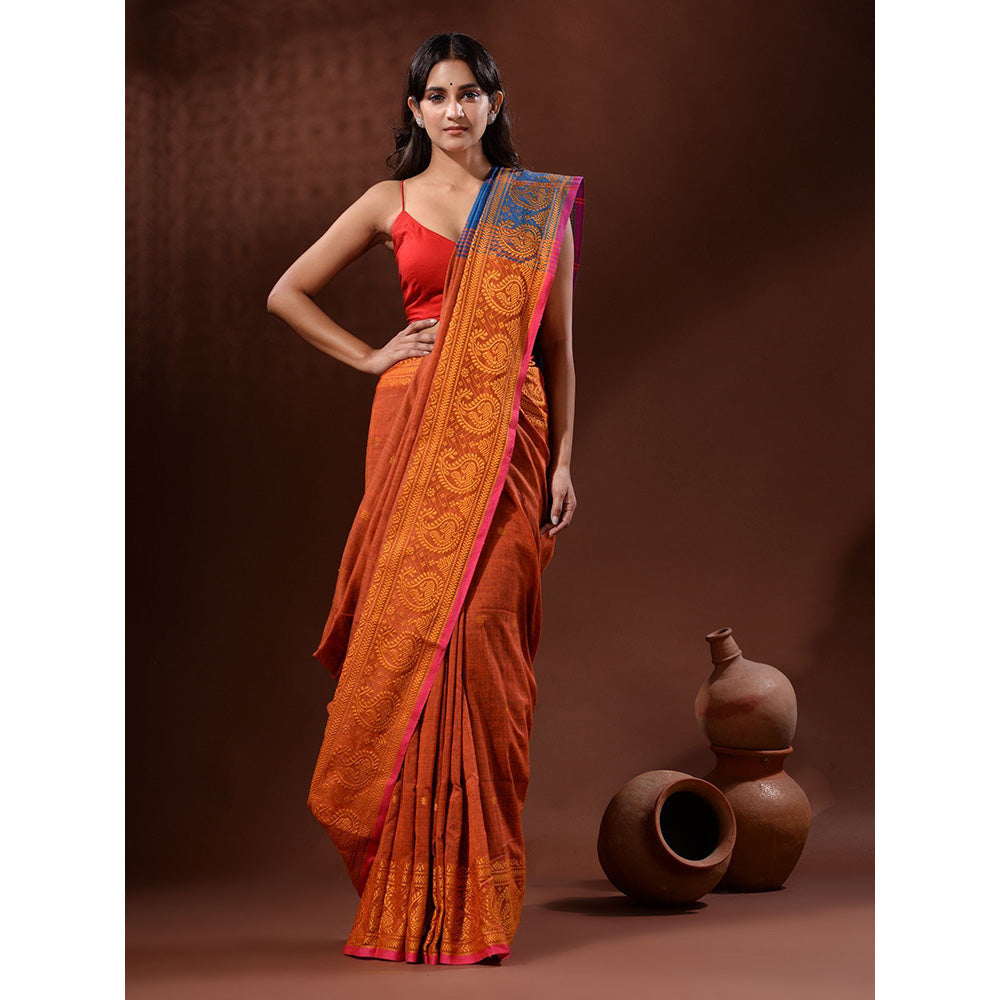 CHARUKRITI Rust Cotton Handspun Handwoven Saree with Paisley Border with Unstitched Blouse