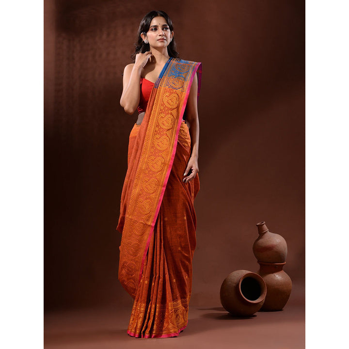 CHARUKRITI Rust Cotton Handspun Handwoven Saree with Paisley Border with Unstitched Blouse