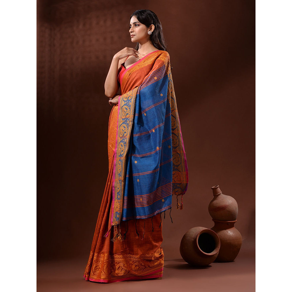 CHARUKRITI Rust Cotton Handspun Handwoven Saree with Paisley Border with Unstitched Blouse