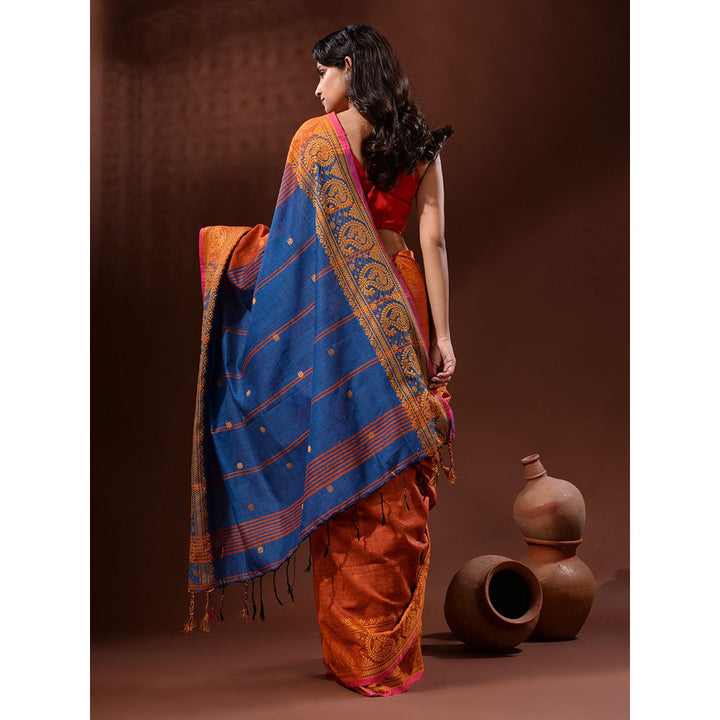 CHARUKRITI Rust Cotton Handspun Handwoven Saree with Paisley Border with Unstitched Blouse