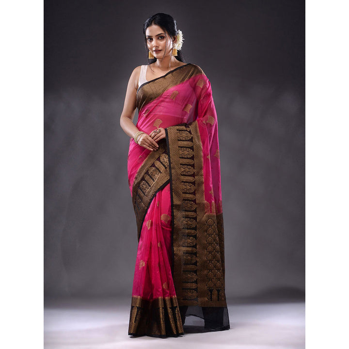 CHARUKRITI Shocking Pink Organza Handwoven Saree With Unstitched Blouse