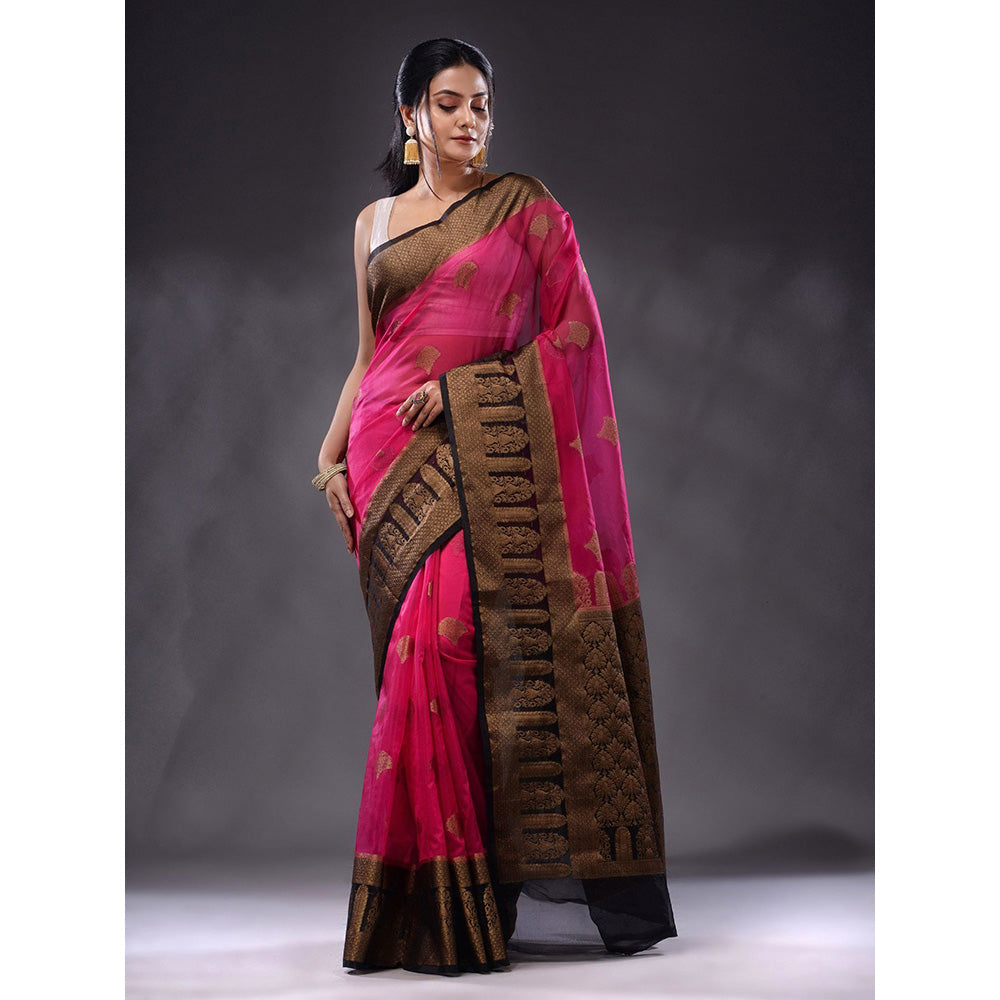 CHARUKRITI Shocking Pink Organza Handwoven Saree With Unstitched Blouse