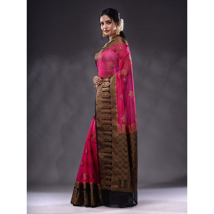 CHARUKRITI Shocking Pink Organza Handwoven Saree With Unstitched Blouse