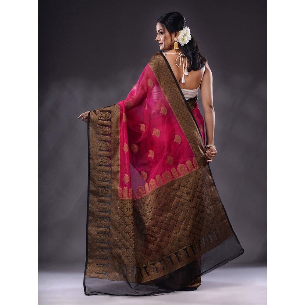 CHARUKRITI Shocking Pink Organza Handwoven Saree With Unstitched Blouse