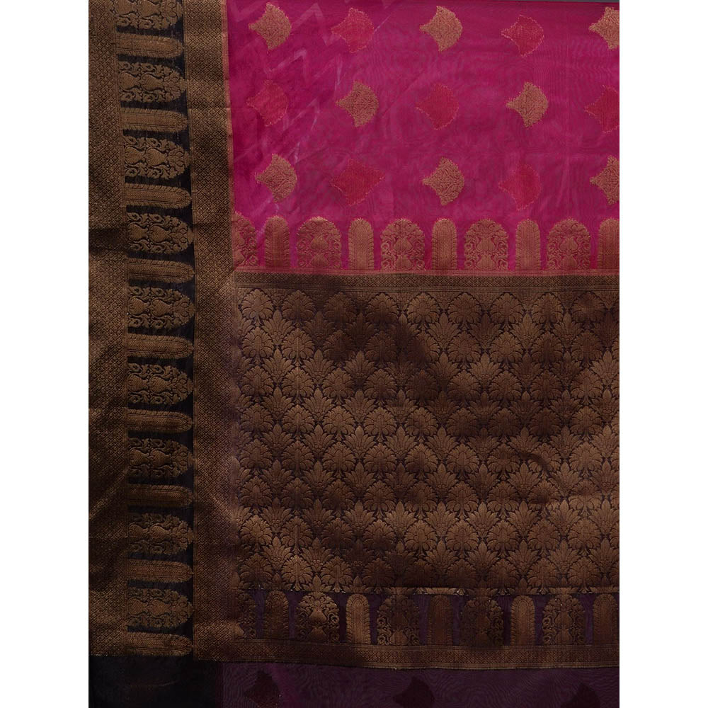 CHARUKRITI Shocking Pink Organza Handwoven Saree With Unstitched Blouse