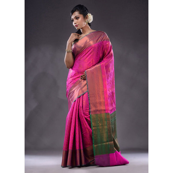 CHARUKRITI Shocking Pink Handwoven Brocade Silk Saree With Unstitched Blouse